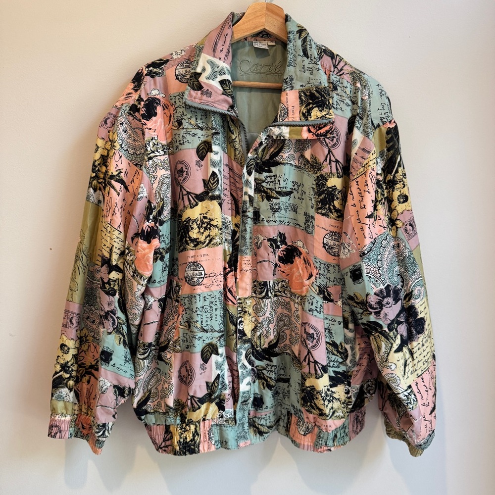 Vintage Carte Multicolor Graphic Print Silk Bomber Jacket Zipper Closure MEDIUM